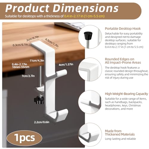 Desk Mount Bag Holder Hook Clamp,On Backpack Hanger Portable Desk Mount Headphones Holder for Reduce Desk Clutter Table Desk Table Hanging Storage (1 Pcs-Double Hook White) - color: 1 Pcs-Double Hook White
