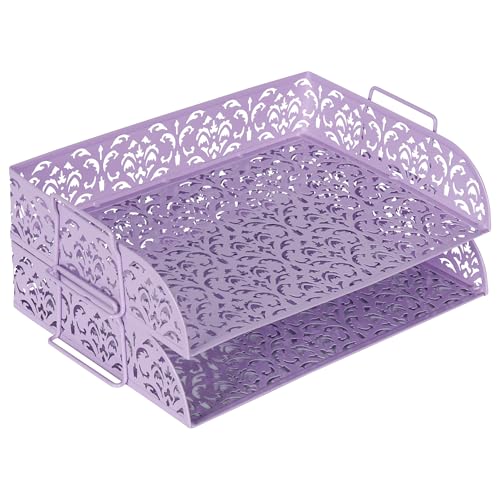 EasyPAG Paper Organizer for Desk 2 Tier Stackable Paper Tray for A4 Legal Size Folders Metal File Storage Desktop Organizer for Home Office School Teacher, Purple - color: Purple