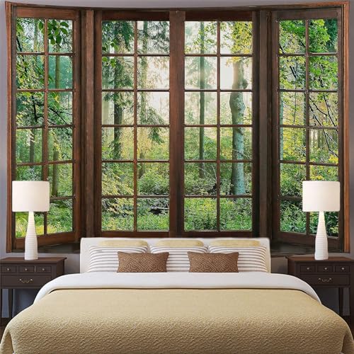 Aidatain Green Forest Natural Tapestry Window Scenery Wall Aesthetic Tapestry for Bedroom Flannel 108" L x 90" W Beach Blanket Living Dinning Room College Dorm Wall Hanging GTDJAT0095 - size: 108"L x 90"W