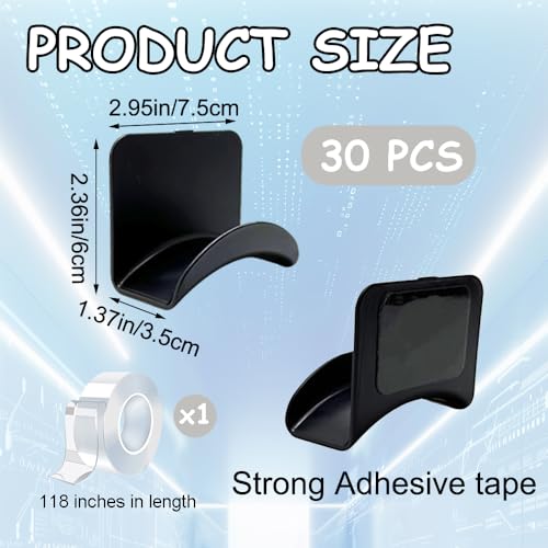 30 PCS Headphone Wall Hangers with Nano Tape, Adhesive Gaming Headphone Stand Headset Holder Hook Wall Desk Closet Door Mount for Most Headphone Controller Hat Baseball Caps (Black)