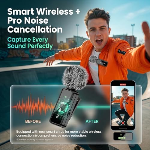 Wireless Lavalier Microphone, 12H Lapel Microphone with Digital Display & Smart Noise Cancellation, Mini Clip On Mic for iPhone Android Type-C, Recording Mic for YouTube TikTok Vlog Podcast Interview
