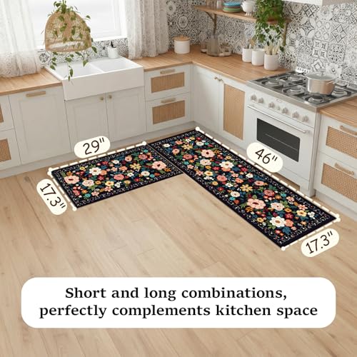 Kitchen Rugs Sets of 2 PCS, Non Slip Washable Kitchen Mats for Floor, Low Pile Soft Boho Floral Rug Runner for Home Decor (Black, 17.3"x46"+17.3"x29") - color: Black