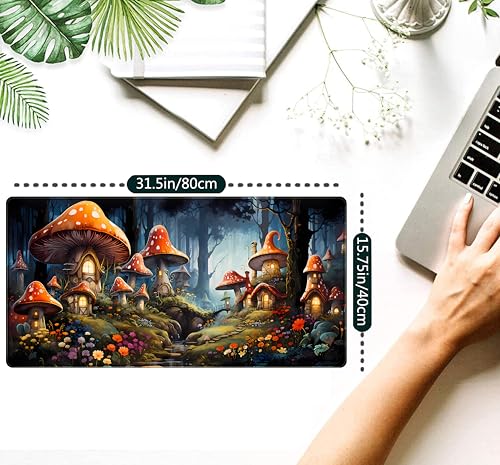 Cute Anime Mushroom Desk Pad Floral Desk Mat, XXL Large Extended Mousepad Gaming Mouse Pad Computer Mat with Stitched Edges, Fantasy Office Decor Laptop Keyboard and Mouse Mat, 31.5x15.75 in - color: Multicolored Mushrooms