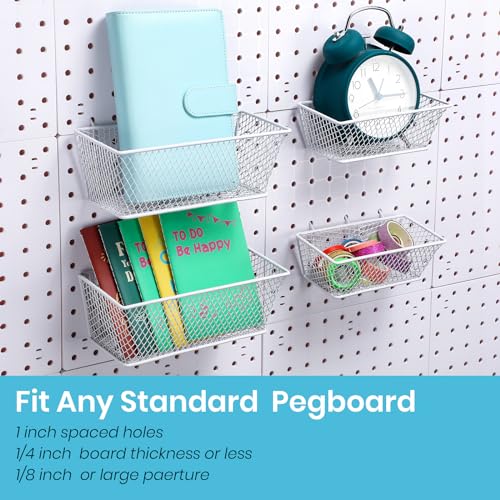 Sieral 4 Pcs Pegboard Baskets Metal Wire Shelf Baskets Peg Board Organizer Accessories Wall Mount Organizer Attachments for Garage Workbench Various Tool Accessories, 2 Sizes (White,Small, Medium) - color: White, size: Small, Medium