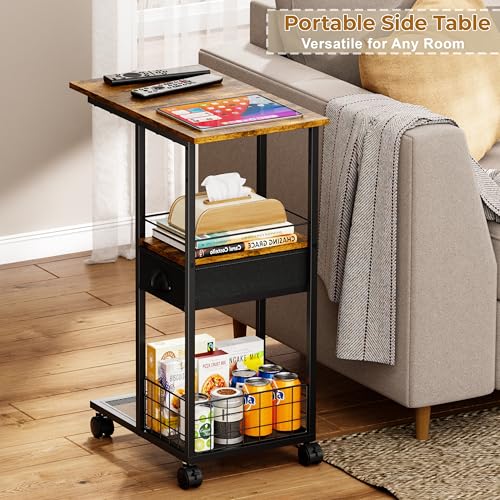 C Shaped Sofa Side Table with Wheels, Rolling Small Coffee Table with Drawer, Portable TV Tray Table for Couch, Bedside Table with Storage, Narrow Nightstand for Bedroom, End Tables Living Room - color: Black, size: Large (With Drawer & Wheels)