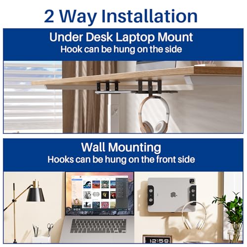 BYMECOST Under Desk Laptop Storage Mount with Hook, Metal Under Desk Device Holder, for Devices Up to 1.37" Thick, MacBook, Mini, Keyboard, Router, with Anti-Scratch Silicone (Black, 2.1" with Hook) - color: Black, size: 2.1" with hook