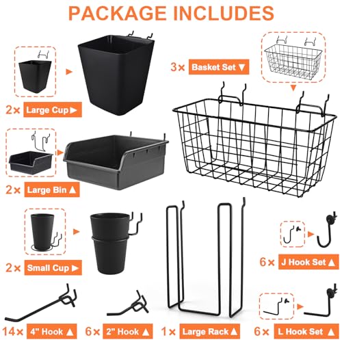 Pegboard Basket Organizers, Peg Board Large Baskets Hooks Bins Cups Tool Organizer 42 Pack Set, Wall Storage Display Hanging Accessories for Craft Office Stadio Shed Garage Organization (Black) - color: Black