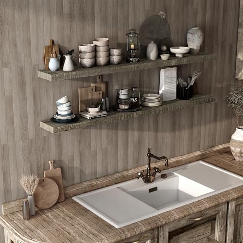 Acovy 72" Unfinished Solid Reclaimed Wood Floating Shelves, Rustic Heavy-Duty Wall Shelves, 8" Deep Floating Shelf for Living Room, Bathroom, Bedroom and Kitchen, Set of 1, Grey - color: Cement Grey, size: 72inches-1P