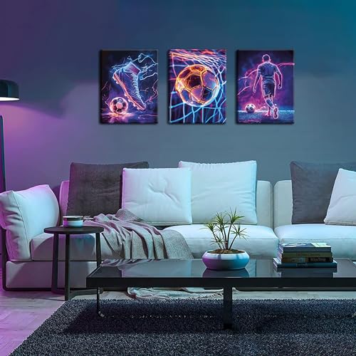 Cool Soccer Gaming Wall Art Set of 3, Neon Video Gamer Canvas Pictures, Colorful Soccer Game Painting Prints for Boys Room, Gaming Room Decor for Kids Gamer Room 12x16 inch Framed - color: Cool Football Sports Canvas, size: 16L" x 12W"