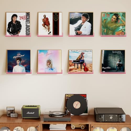Laurensory 8 Pack Vinyl Record Shelf Wall Mount Shelves, 12 inch Clear Acrylic Vinyl Record Holder Display, Floating Shelves for Wall Decor, Magazine Rack, Kids Bookshelf for Bedroom Living Room, Pink - color: Pink, size: 8 Pack