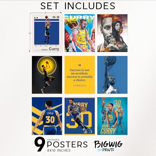 BigWig Prints Steph Curry Poster - Basketball Posters For Boys Bedroom, Nba Golden State Warriors, Basketball Wall Art, Stephen Curry Wall Decor, Golden State Bedroom Decor - Unframed 9 Pack (8x10) - color: Steph Curry