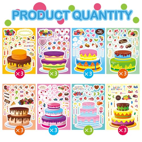 DUJAA 24 Sheets Birthday Stickers, Make-a-Cake Sticker for Kids, Birthday Cake Sticker Set, Color, Cartoon Style, Paper Material, Indoor Use, Kids' Party Gift, Scrapbook Decor, 24 Count - style: Birthday Cake