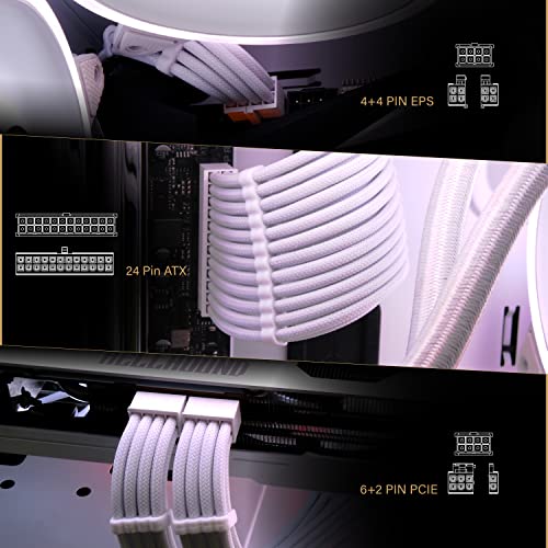 EZDIY-FAB PSU Extension Cable Sleeved Custom Mod PC Power Supply Cable, Soft Nylon Braided with Comb Kit 24PIN/8PIN to 6+2Pin/ 8PIN to 4+4PIN-30CM 300MM - All White Edition - color: Pure White