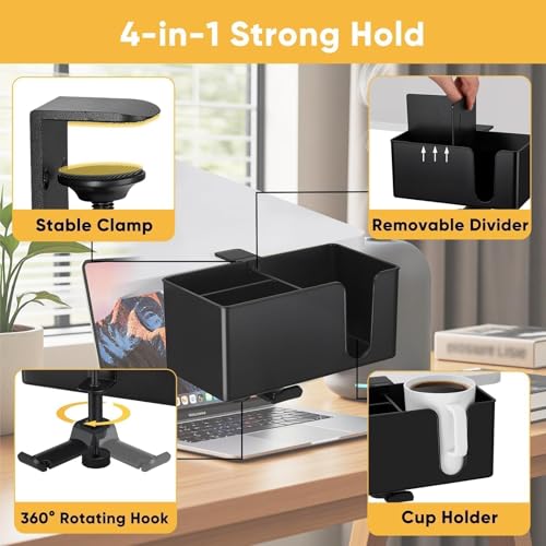 4-in-1 Clip On Desk Cup Holder, Fits up to 40oz cups - Mountable Holder with Adjustable Divider & 360° Rotating Hook - No Spill Clamp On Drink Holder Attachment - for Desk Chair Table Bed Tray - Black - color: Black - 4" W Dual Cup