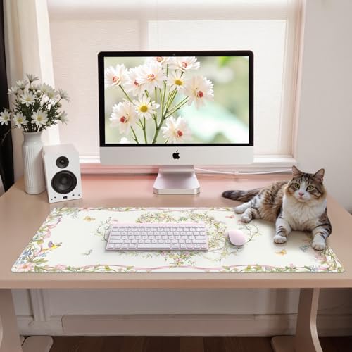 iCasso Desk Matt for Desktop,Cute Desk Pad White,Anti-Slip Large Gaming Mousepad XXL,Soft Lycra Surface Computer Mat Women,Girly Keyboard Pad for Home Office - color: White