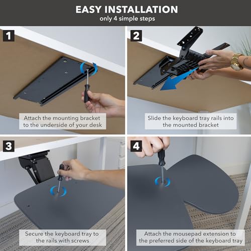 Mount-It! Under Desk Keyboard Tray, Adjustable Slide-Out Keyboard & Mouse Platform, 20.5" W × 11" D, Ergonomic Wrist Rest, Tilt & Swivel, Heavy-Duty Bolt-On Keyboard Drawer for Home Office, Blue - color: Blue