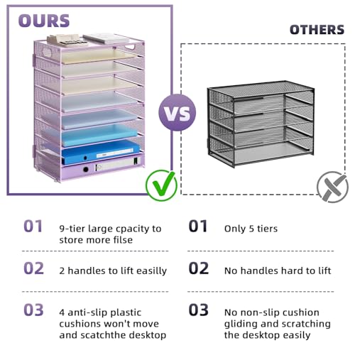 Marbrasse Paper Organizer Letter Tray, 9 Tier Mesh File Organizer with Handle, Paper Sorter Desk Organizer for Home Office Supplies - Purple - color: 9 Tier Purple