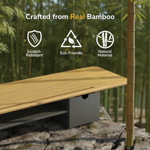 Mount-It! Extra Wide 39" Real Solid Bamboo Dual Monitor Stand Riser, 2 Metal Drawers + Shelf, 66 lbs, Built-In Device Slot, Home Office Desk Organizer