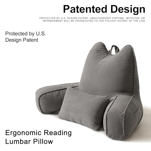 Patented Design Corduroy Reading Pillow with Arms, Ergonomic Bed Rest Pillow with Extra Lumbar Pillow for Sitting in Bed or Couch, Upper Back Support for Reading & Relaxing, Dark Grey - color: Dark Grey