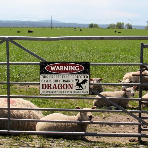 Vintage Dragon Metal Sign Warning This Property is Protected by Highly Trained Aluminium Plate Signs, Dragon Yard Sign Outdoor Home Wall Decor, Farmhouse Gifts for Yard Backyard Porch Decor 12x8 Inch - color: Dragon Warning Sign