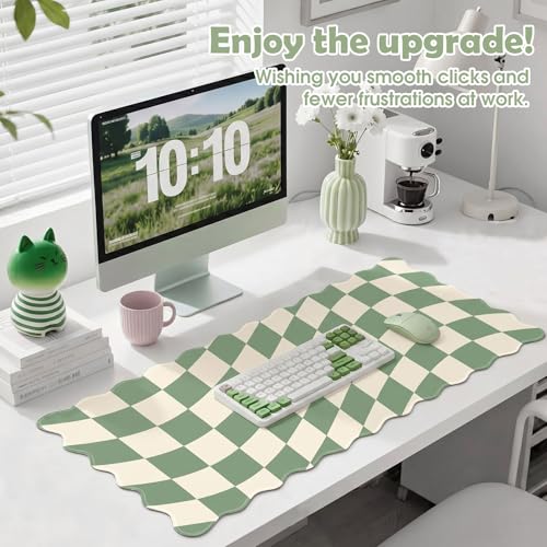 Copkim 1 Pcs Scalloped Green Checkered Desk Mat 31.5 x 11.8 Inch Large Cute Mouse Pad Computer Mat Non Slip Waterproof Rubber Base with Border Stitching Soft Keyboard Pad for Home Office Gaming Makeup - color: Green, style: Checkered