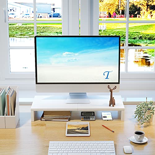 TEAMIX 20 inch White Monitor Stand Riser, Wood Desktop Stand for PC/TV/Laptop/Printer, White Monitor Riser with Storage, Computer Stand with Keyboard Organizer - color: White, size: 20 inch