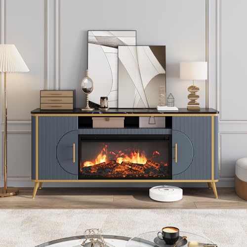 Fluted Fireplace TV Stand Up to 80" TVs, Modern Entertainment Center with 30" Electric Fireplace, Luxury Media Console with Adjustable Shelves for Living Room, Navy Blue - color: Navy Blue