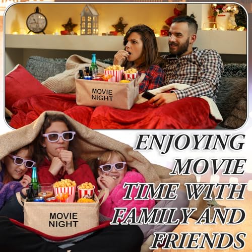Movie Night Gift Basket with Handles Movie Night Supplies Snack Trays Popcorn Buckets Reusable Popcorn Containers Burlap Storage Organizer Bin Large Snack Bowl for Family Room Home Theater Decor - color: Khaki, style: Classic