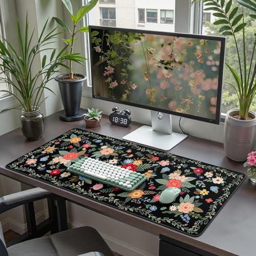 iCasso Floral Desk Mat for Keyboard and Mouse,Cute Gaming Mouse Pad XXL,Anti-Slip Desk Matt for Desktop,Soft Lycra Surface Computer Mat Women,Girly Big Mousepad for Home Office (Black Floral) - color: Black Floral