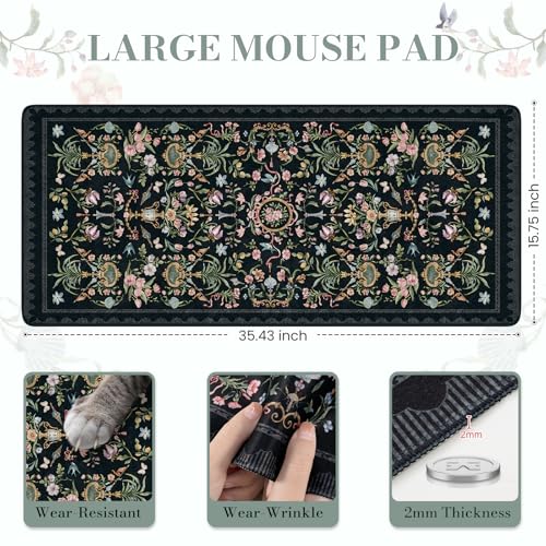 iCasso Large Desk Mat Black,Big Mouse Pad with Stitched Edges,Aesthetic Computer Pad for Desktop,Anti-Slip Keyboard Mat for Women,Floral Desk Cover Protector Work from Office Home Dorm - color: Palace Flowers-black