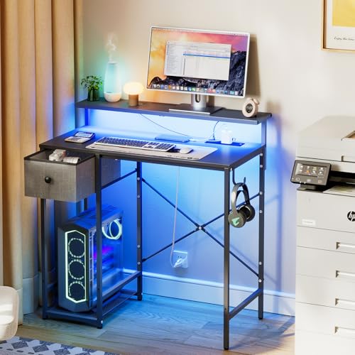 X-cosrack 33.5" Small Gaming Desk with LED Lights & Long Monitor Stand, Compact Computer Desk with Power Outlets & CPU Stand, Gamer Table with Storage Drawer for Home Office, Bedroom Corner, Black - size: 33.5" Black with Long Monitor Stand