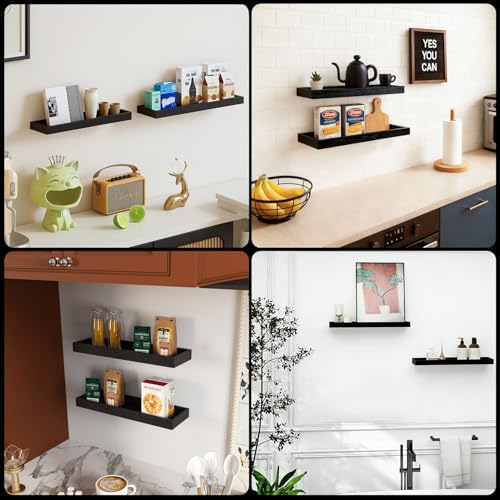 Floating Shelves with Raised Lip for Wall, 15.7 Inch Black Wooden Floating Wall Shelves, Set of 2, Wall Shelves for Bedroom Bathroom Living Room, Rustic Storage Display Shelves - color: Black
