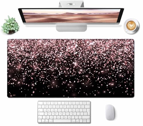 Gaming Mouse Pad, Large Non-Slip Rubber Base Mousepad, Keyboard Mouse Mat, Desk Pad with Stitched Edges, 31.5x15.7inch, Rose Gold Falling Particles Patterm - color: Rose Gold Falling Particles Patterm, size: 31.5L x 15.7W inches