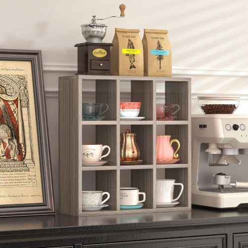 Helsin 9 Grid Vintage Coffee Mug Display Rack, 16inch Wall Mounted Wooden Curio Shadow Box Shelf, Cup Floating Shelves Display and Organizer - color: Grey