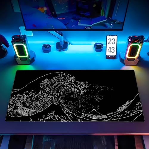 Great Wave Desk Mat, Black White Line Art Large Gaming Mouse Pad | Minimalist black and white wave desk pad with 3mm dense cushion, smooth cloth top, and non-slip rubber foundation. - color: Ukiyo-e of the Waves