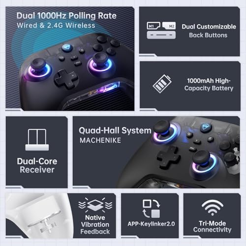 Machenike G3V2 Bluetooth Controller for Pc/Switch/Ios/Android, Hall Effect Joysticks, RGB Lighting Gaming Controller,2 Programmable Buttons,1000mah Battery With Charging Station, Black - color: Black PE