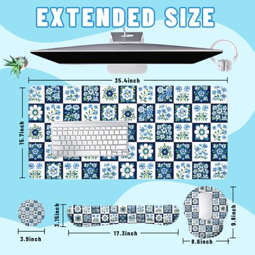 Blue Floral Tile Desk Mat Set Classic Check Botanical Mouse Pad with Wrist Rest 4in1 Desk Mat for Desktop Ergonomic Computer Desk Arm Wrist Anti-Slip Computer Ergonomic Mouse Pad Home Office Gaming - color: Blue Floral Tile