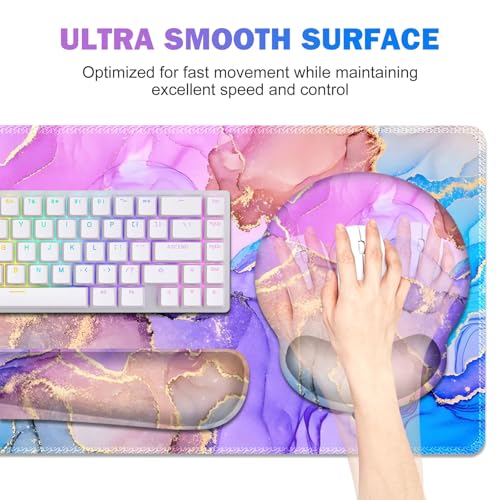 Gaming Mouse Pad, Large Desk Mat, Cute Desk Pad Protector, 4in1 XXL Mousepad + Keyboard Wrist Rest+Mouse Wrist Rest+Coaster Set with Ergonomic Desk Pad for Home Office PC Computer, Colorful Marble - color: Colorful Marble