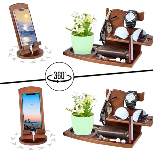 Gifts for Men, Fathers Day Wood Phone Docking Station for Dad, Desk or Nightstand Organizer, Mens Gifts for Husband, Birthday Gifts for Men,Gifts for Fathers Day, Key Holder Wallet, Watch & Essentials - color: Brown-2