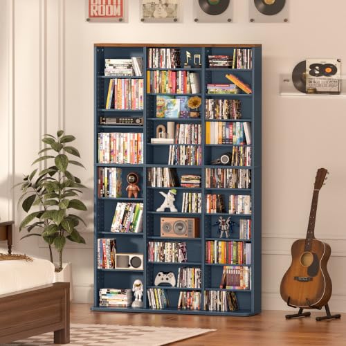 LELELINKY 11 Tier Tall Display Cabinet, Media Storage Cabinet with Adjustable Shelves, Free Standing DVD Organizer Shelf, Floor Multimedia Storage Manga Bookshelf for Living Room & Home Office,Blue - color: Blue, size: 11-Tier