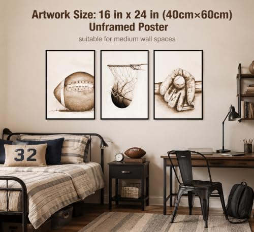 3Pcs Sports Wall Art Football Baseball Basketball Theme Painting Picture Wall Decor Vintage Sport Poster Print Artwork for Boy Room Playroom Bedroom Gameroom Home Decoration【UNFRAMED】 - color: Vintage Ball, size: 16" × 24" Poster