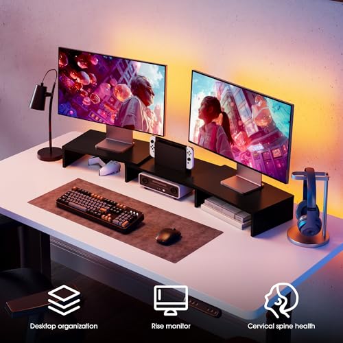 FITUEYES Dual Monitor Stand – 3 Shelf Computer Monitor Riser, Wood Desktop Stand with Adjustable Length and Angle, Desk Accessories, Office Supplies Medium Black,DT108001WB - color: Black