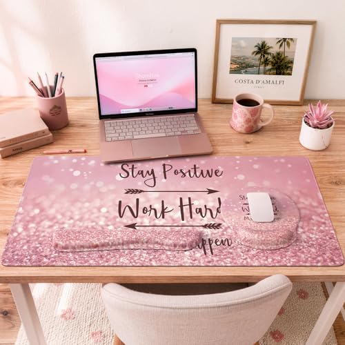 iCasso Mouse Pad,Large Pink Desk Mat Set, 4in1 XXL Mousepad + Keyboard Wrist Rest+Mouse Wrist Rest+Coaster with Ergonomic Desk Pad for Home Office Table Computer Cover -Pink Stay Positive - color: 1-Pink Stay Positive