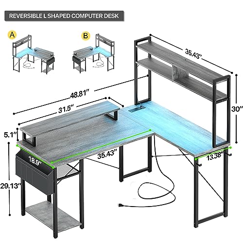 Aheaplus Small L Shaped Gaming Desk with LED Lights & Power Outlets, Reversible L-Shaped Computer Desk with Monitor Stand & Storage Shelf, Corner Desks Home Office Desk with Storage Bag, White Oak - color: White Oak
