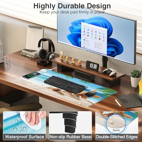 Wireless Charging Mouse Pad, 31.5"x15.8" Large Gaming Desk Mat for Keyboard/Laptop, Waterproof Ultra-Smooth Surface, Non-Slip Base, with 20W PD Adapter, Summer Beach - color: Summer Beach-31.5"x15.8"(with Wall Charger)