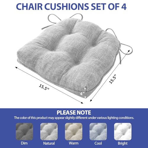 IPYNBAP Chair Cushions for Dining Chairs Set of 4, Kitchen Chair Cushions, Chair Pads with Ties and Non Slip Backing, Tufted Memory Foam Seat Cushion 4 Pack, 15.5" x 15.5" x 4", Light Gray - color: Light Gray, size: 15.5" x 15.5" x 4"