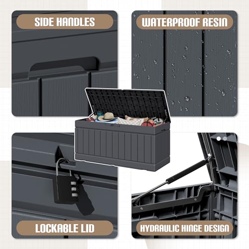 JUMMICO 78 Gallon Outdoor Deck Box Large Resin Storage Box for Patio Furniture Cushions, and Garden Tools (Gray) - color: Gray, size: 78 gallon