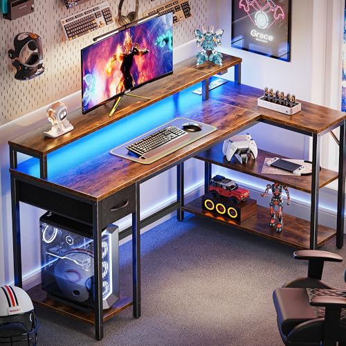 SUPERJARE 53 inch Reversible L Shaped Desk with LED Lights & Power Outlets, Computer Desk with Shelves & Monitor Stand, Gaming Desk with Drawer, Home Office Desk Corner Desk, Rustic Brown - color: Rustic Brown, size: 53 inch