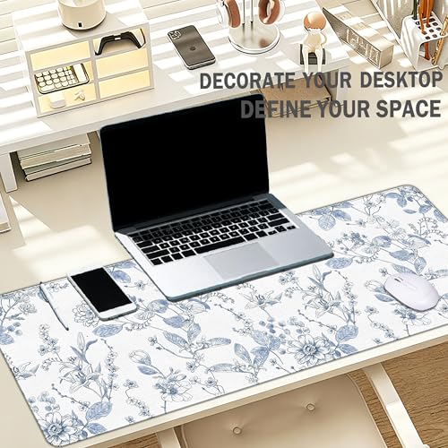 Light Blue and White Mouse Pad, Chinoiserie Blue Flroal Desk Matt Large Desk Mousepads Aesthetic, Flroal Gaming Mousepad Computers Office Decor Chinoiserie Gifts for Women 31.5x11.8 - color: Chinoiserie Blue Flroal, size: 31.5L x 11.8W inches