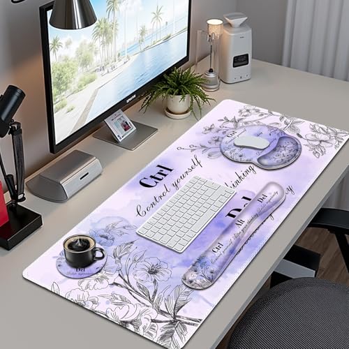 Mouse Pad, 4 in1 Large Desk Mat, Desk Pad Matt for Desktop, Anti-Slip XXL Big Computer Ergonomic Mousepad with Wrist Support for Keyboard and Mouse for Women I Purple Positive Quotes - color: Purple Positive Quotes